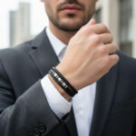 دستبند چرمی سه‌لاین مردانه مشکی با قفل مگنتی روی دست مدل