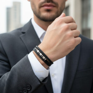 دستبند چرمی سه‌لاین مردانه مشکی با قفل مگنتی روی دست مدل