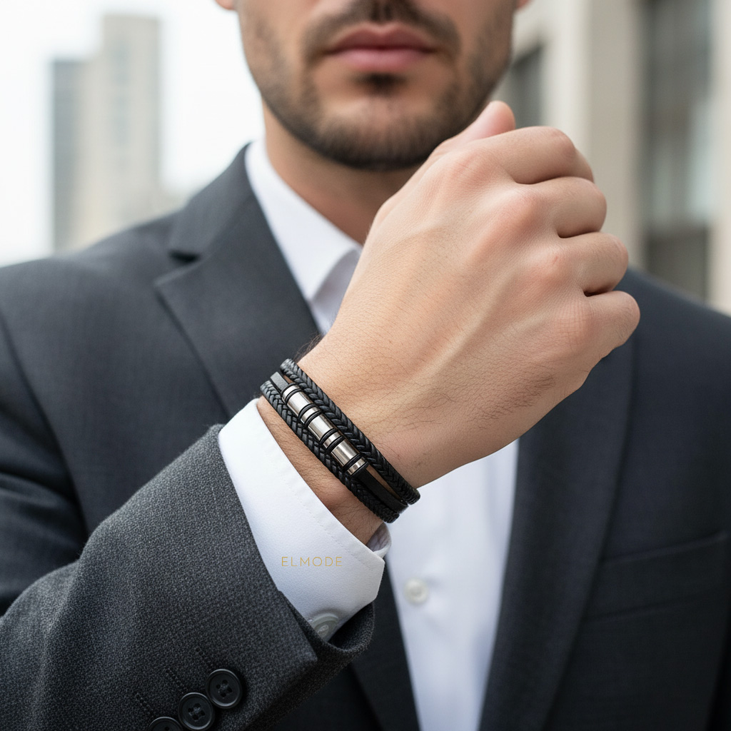 دستبند چرمی سه‌لاین مردانه مشکی با قفل مگنتی روی دست مدل