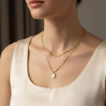 گردنبند زنانه ونکلیف طلایی مدل ELM8300 روی گردن مدل در نمای استودیویی