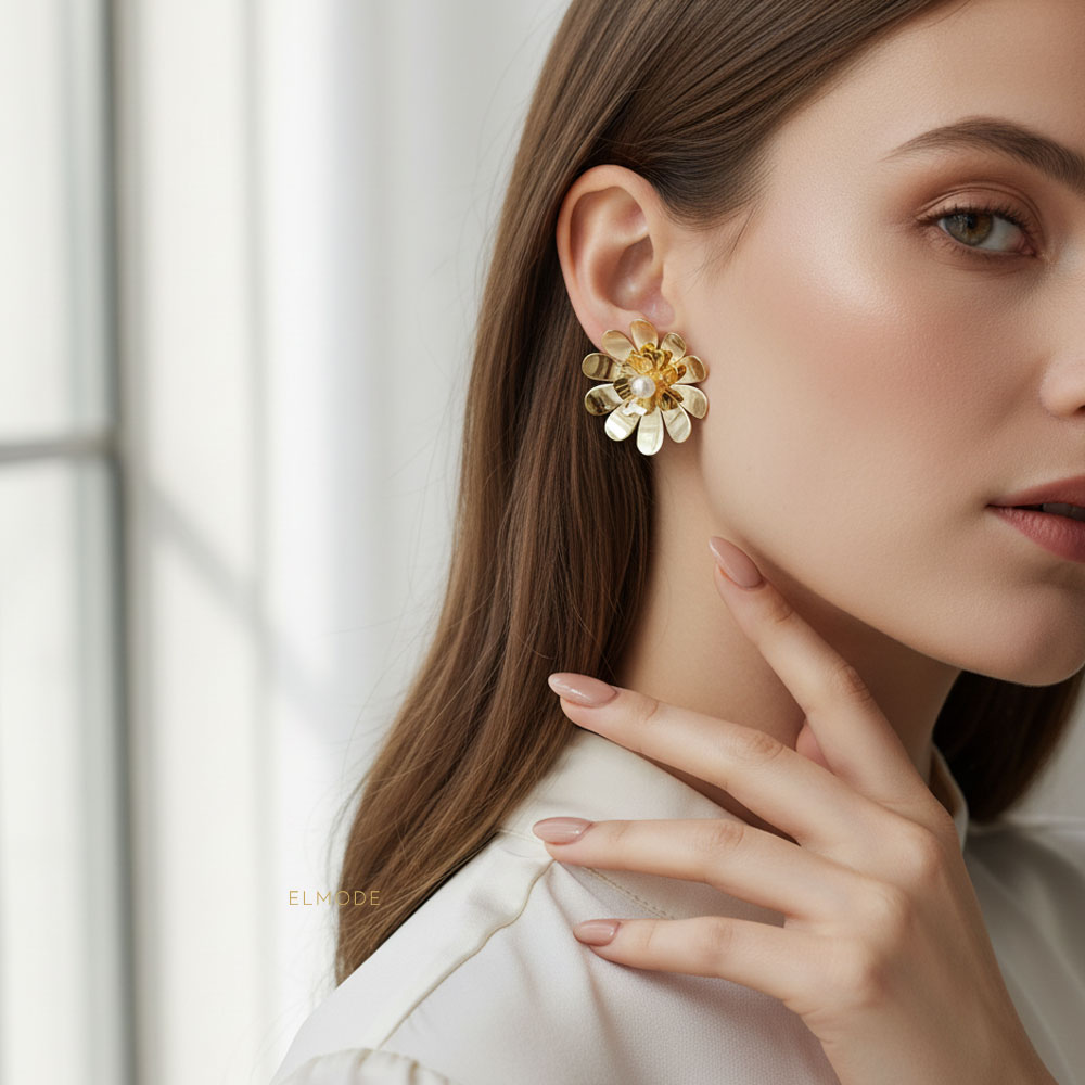 image-Elmode-Template گوشواره زنانه طرح گل استیل طلایی مدل ELM8273 برند Steel