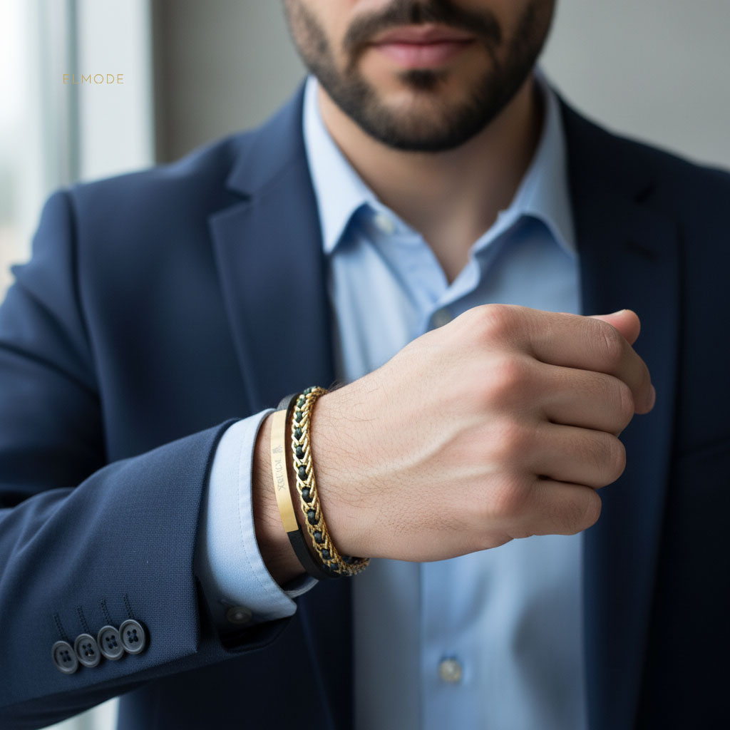 rolex-men-leather-bracelet-elm8290-main دستبند چرمی دولاین مردانه رولکس رنگ طلایی و مشکی روی دست مدل