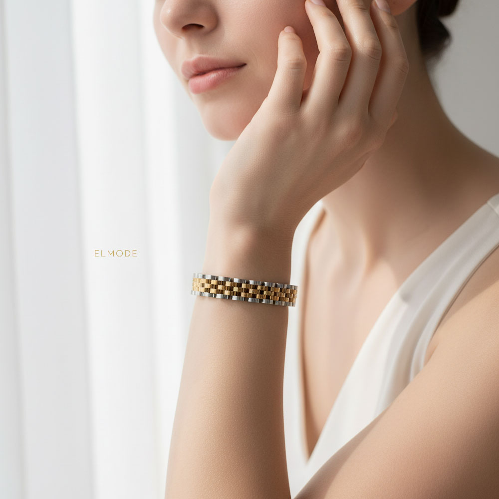 rolex-women-bracelet-elm8288-main دستبند رولکس زنانه دو رنگ رزگلد استیل مدل elm8288 روی دست مدل زنانه