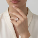 انگشتر نگین‌دار زنانه استیل روی انگشت مدل با پس‌زمینه روشن